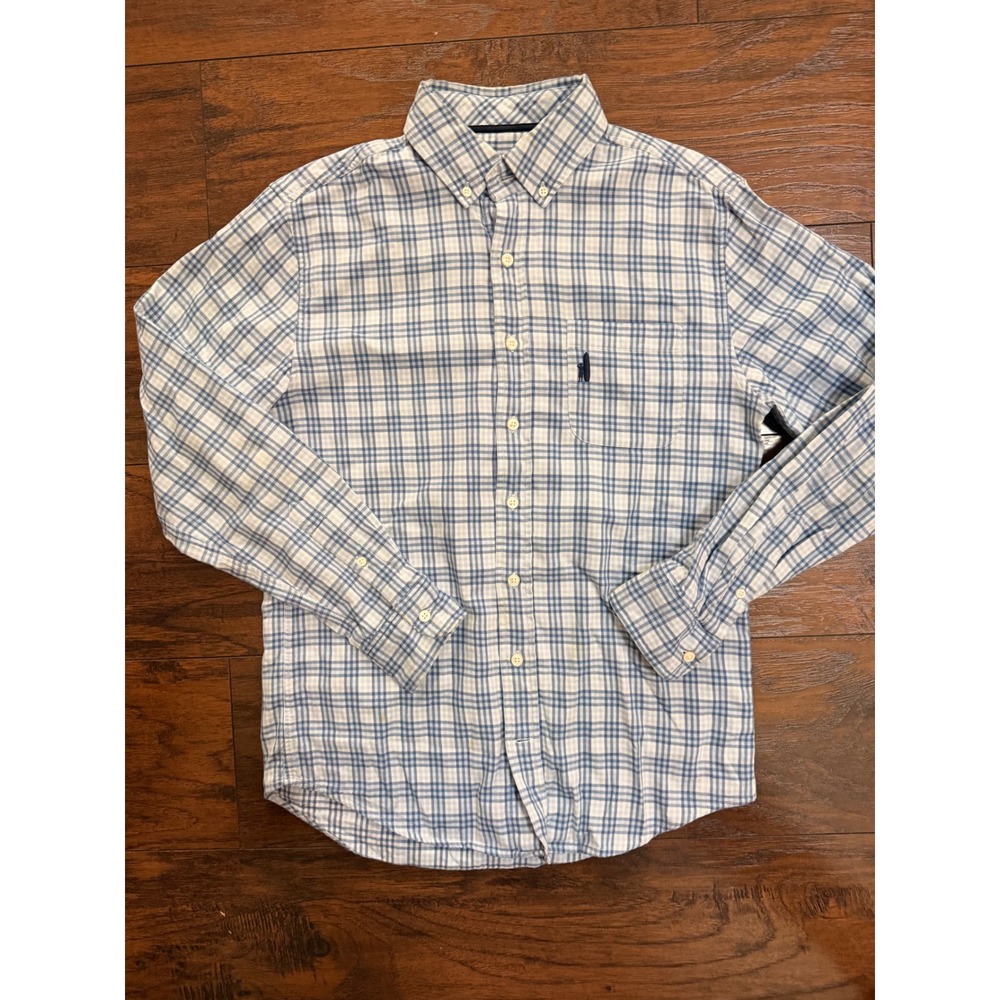 Johnnie-O Mens Blue White‎ Plaid Button Down Shirt Long Sleeve Small Logo Pocket